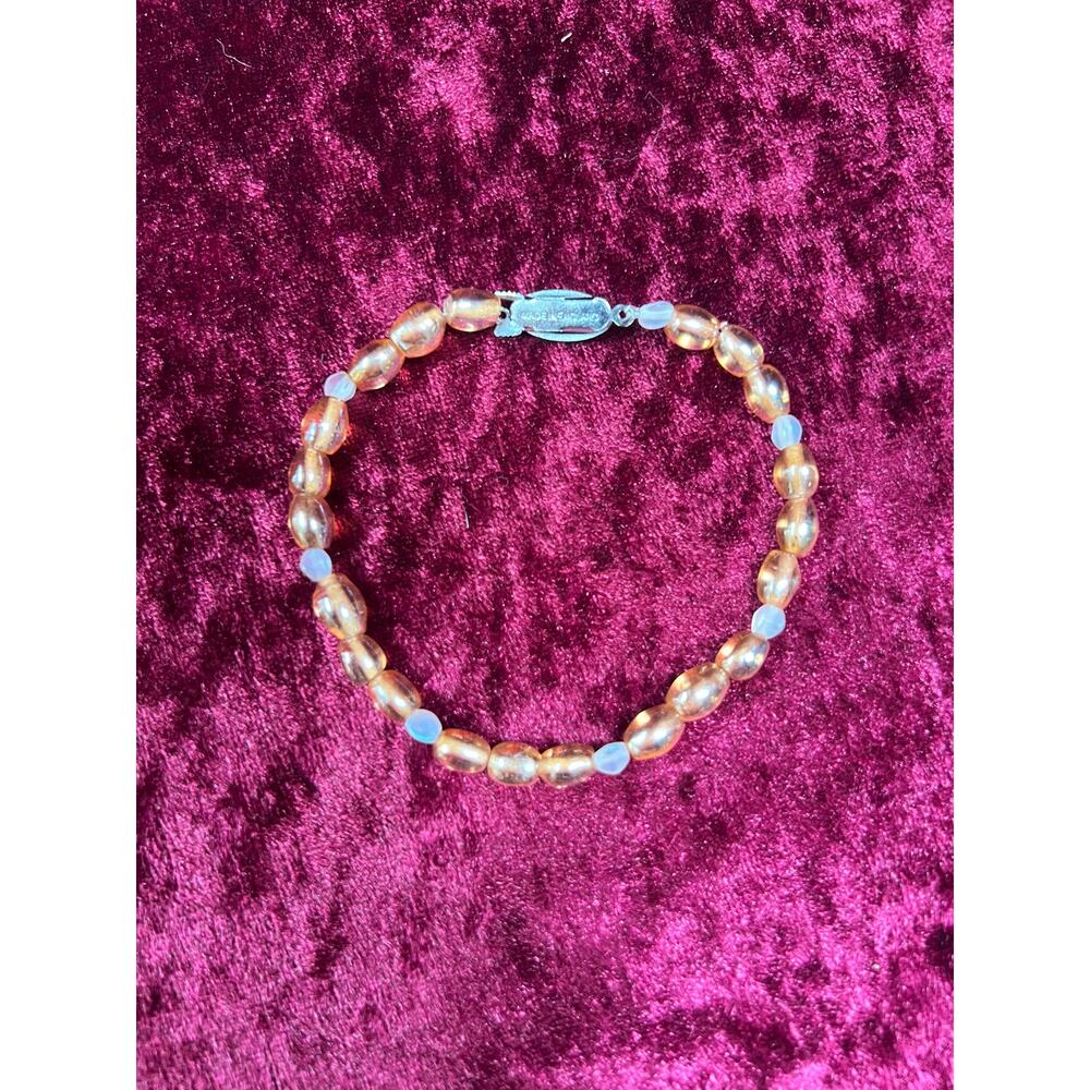 Vintage Jewelry - Bracelet - Silver Tone Metal - Clear Amber Beads - England